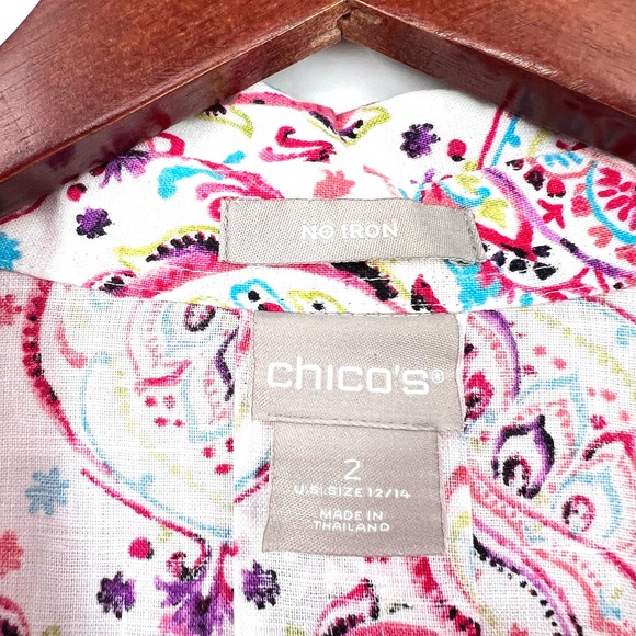 Chicos 100% Linen Sz 2 Large 12/14 Tropical Blouse Shirt Top Beach No Iron - Picture 2 of 12
